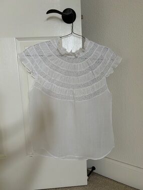 Frame Denim White Lace Yoke Ruffle Sleeve Blouse
